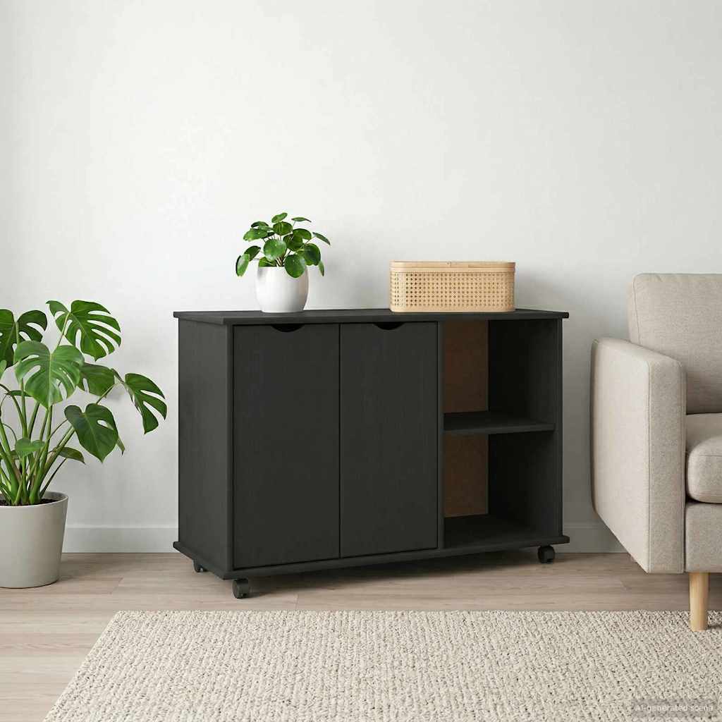Mobile con Ruote Nero 100 x 39 x 65,5 cm Legno di Pino Massello