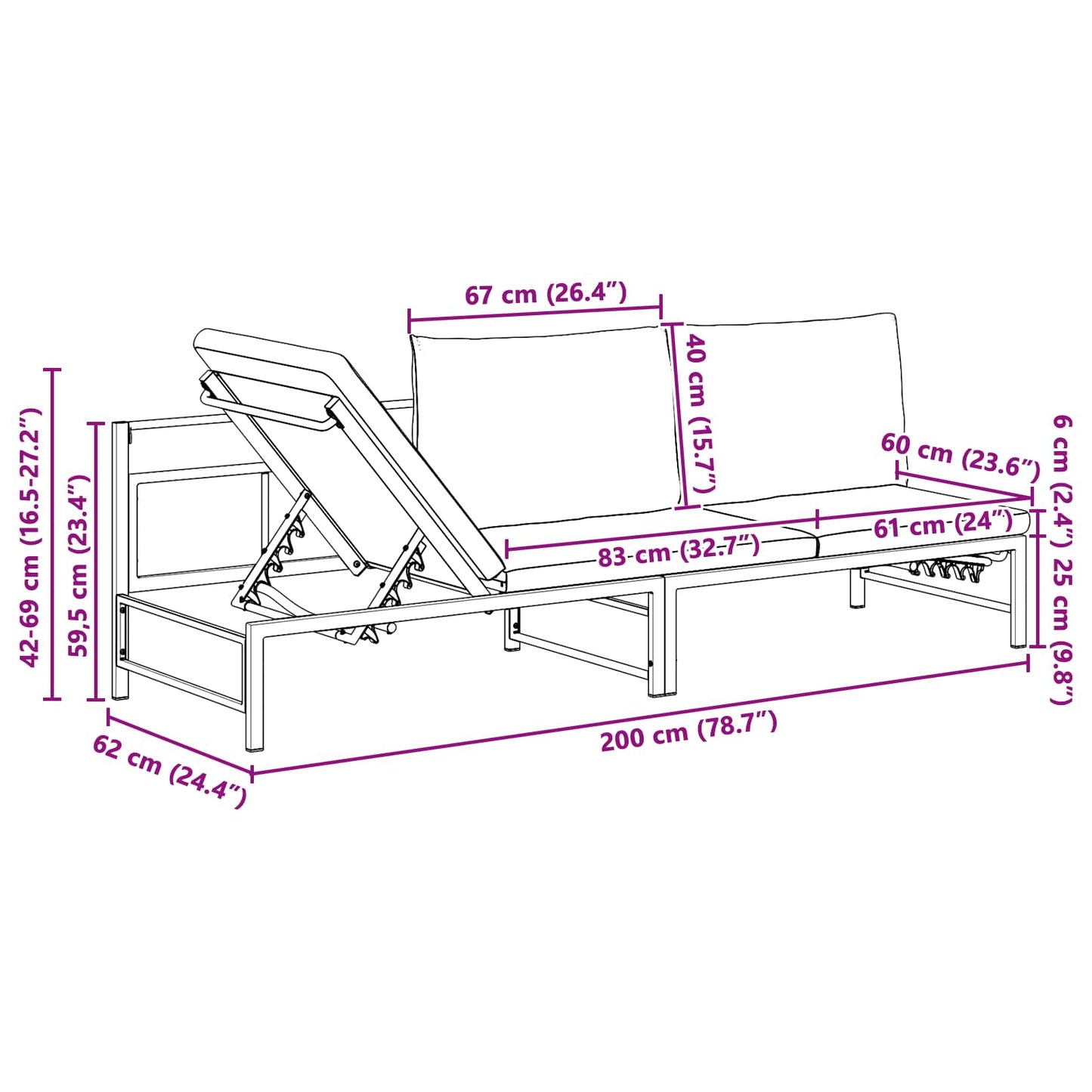 Lettino Sole per 3 Persone Nero 200 x 62 x 59,5 cm Textilene | homemem39