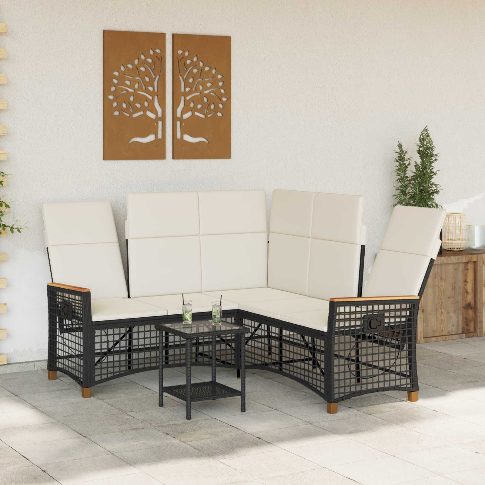 Set di Divani Recliner da Giardino Nero e Bianco Crema | homemem39