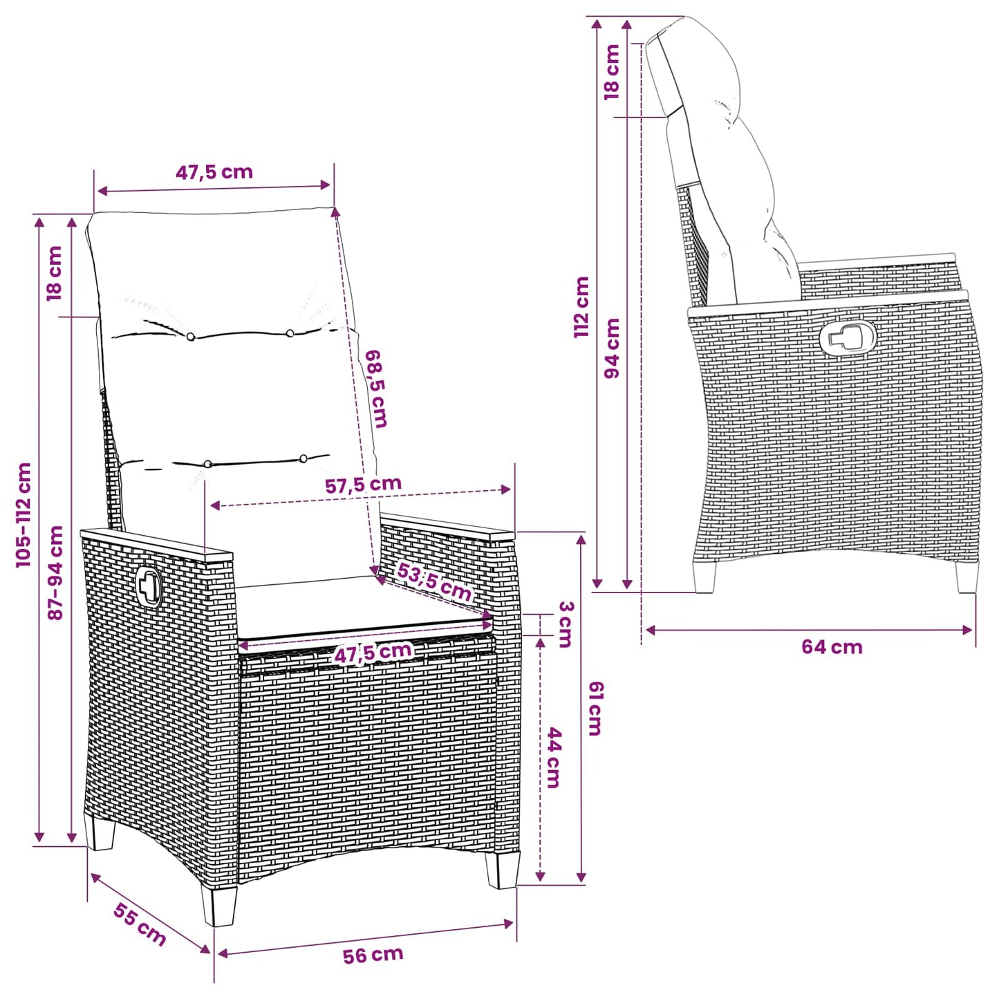 Sedia da giardino reclinabile Grigio e Grigio Scuro polyrattan
