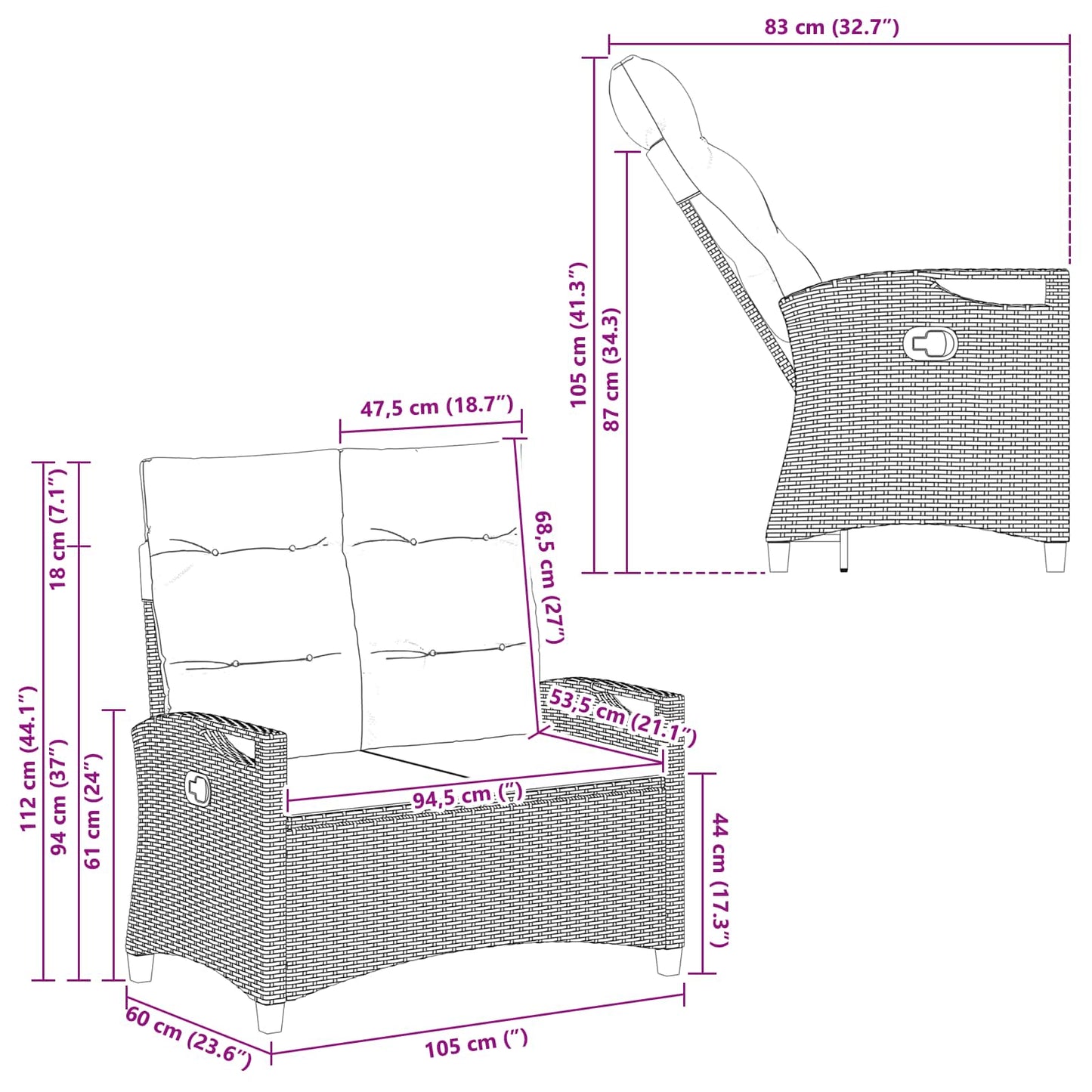 Panchina da giardino con cuscino Nero e Crema 105 x 60 x 112 cm | homemem39