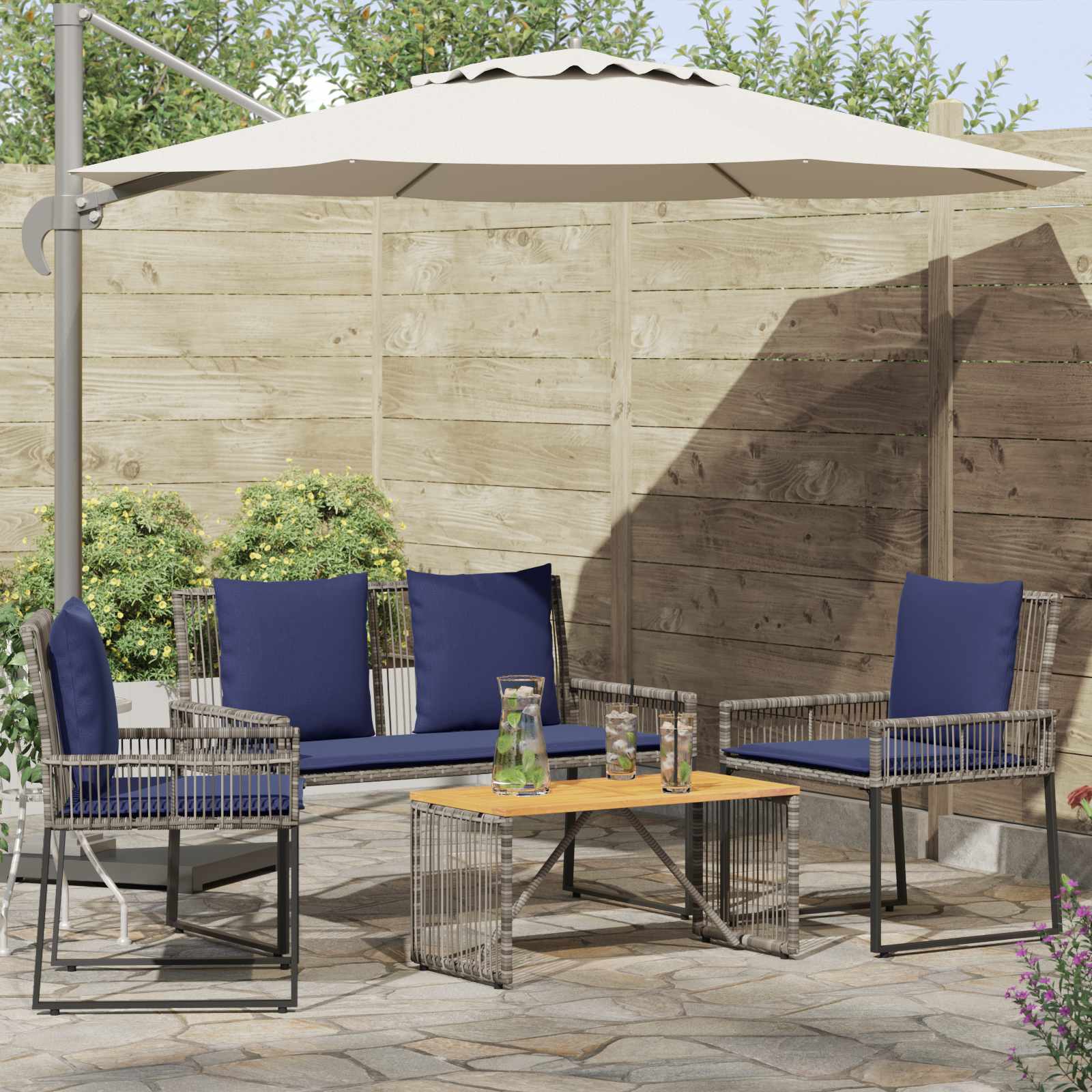 Set di Mobili da Esterno 9 pcs Grigio e Blu Navy polyrattan | homemem39