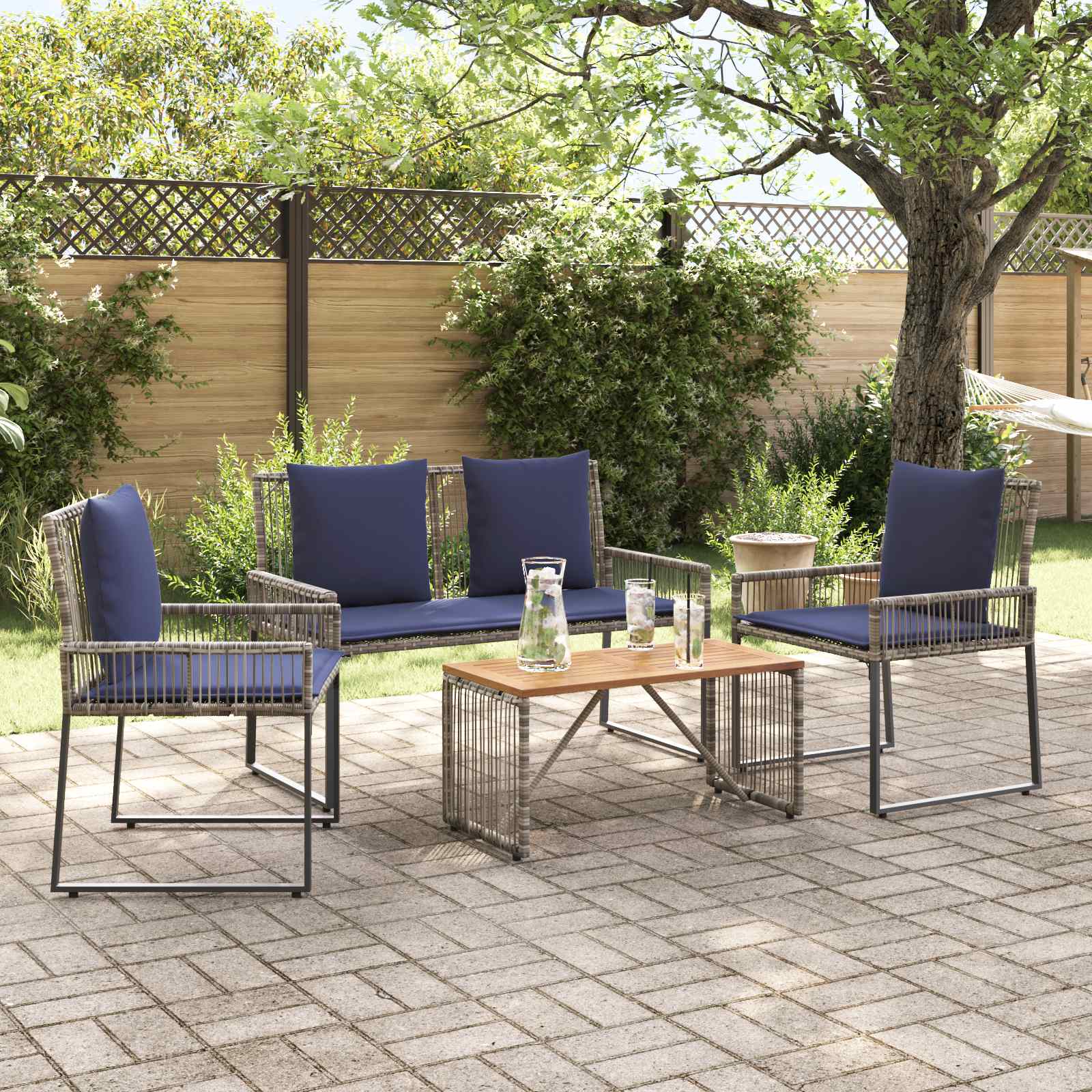 Set di Mobili da Esterno 9 pcs Grigio e Blu Navy polyrattan | homemem39