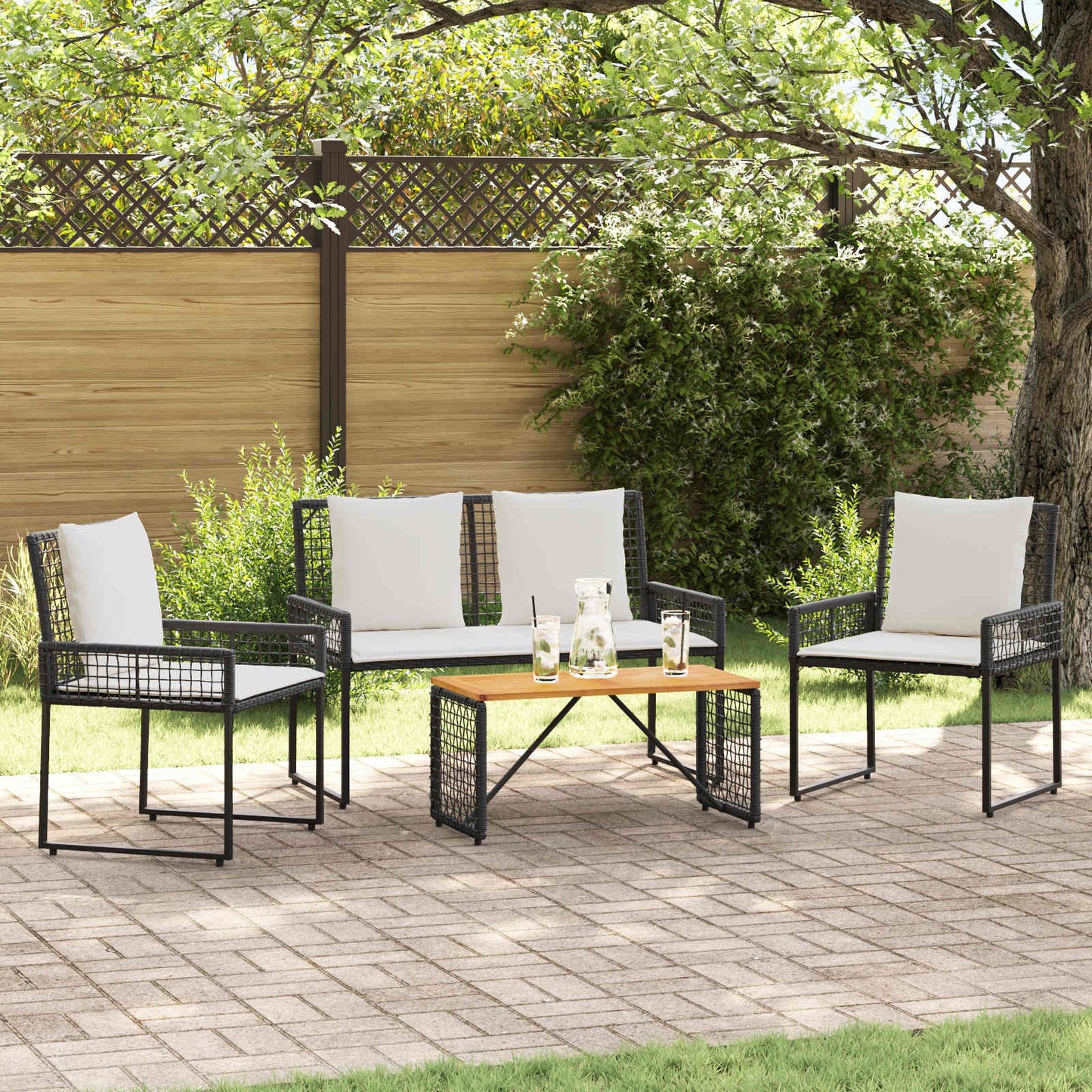 Set di Mobili da Esterno con cuscino 4 pcs Nero e Bianco Crema | homemem39