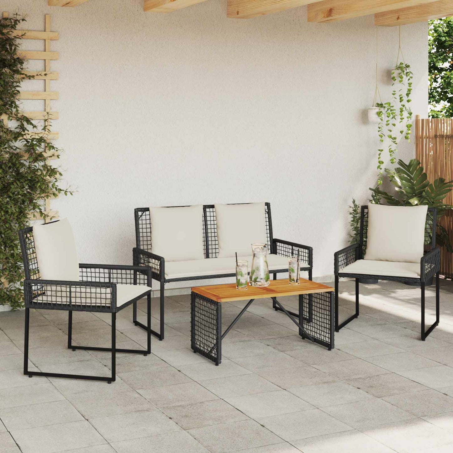 Set di Mobili da Esterno con cuscino 4 pcs Nero e Bianco Crema | homemem39