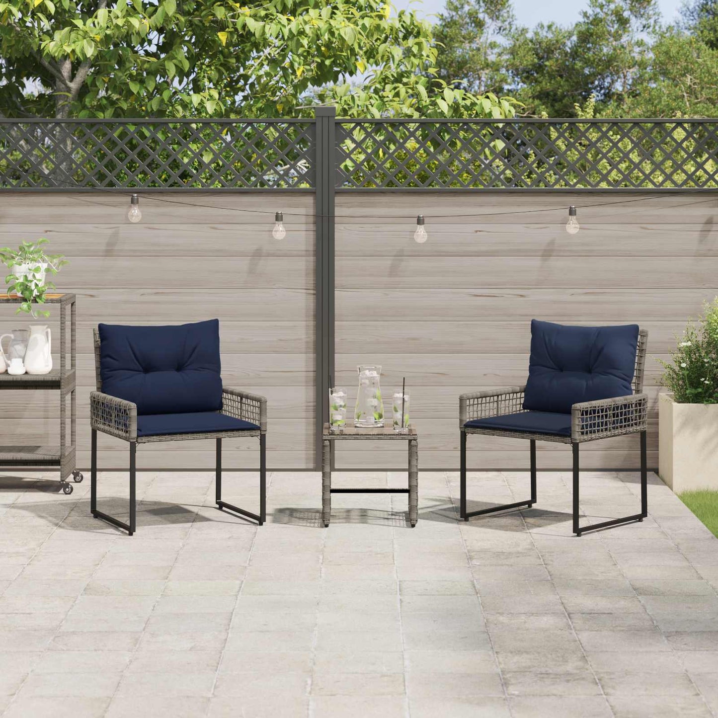 Set di Mobili da Esterno con cuscino 3 pcs Grigio e Blu Navy | homemem39