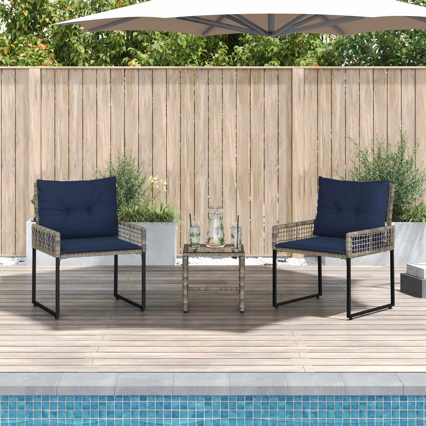 Set di Mobili da Esterno con cuscino 3 pcs Grigio e Blu Navy | homemem39