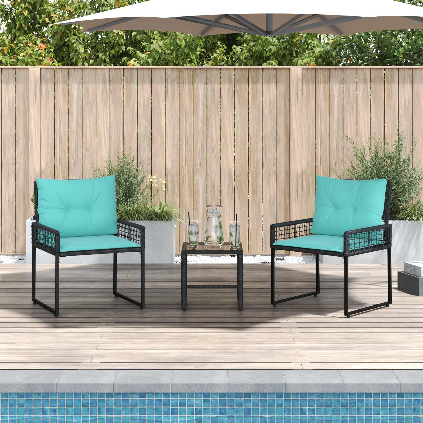 Set di Mobili da Esterno con cuscino 3 pcs Nero e Turchese | homemem39