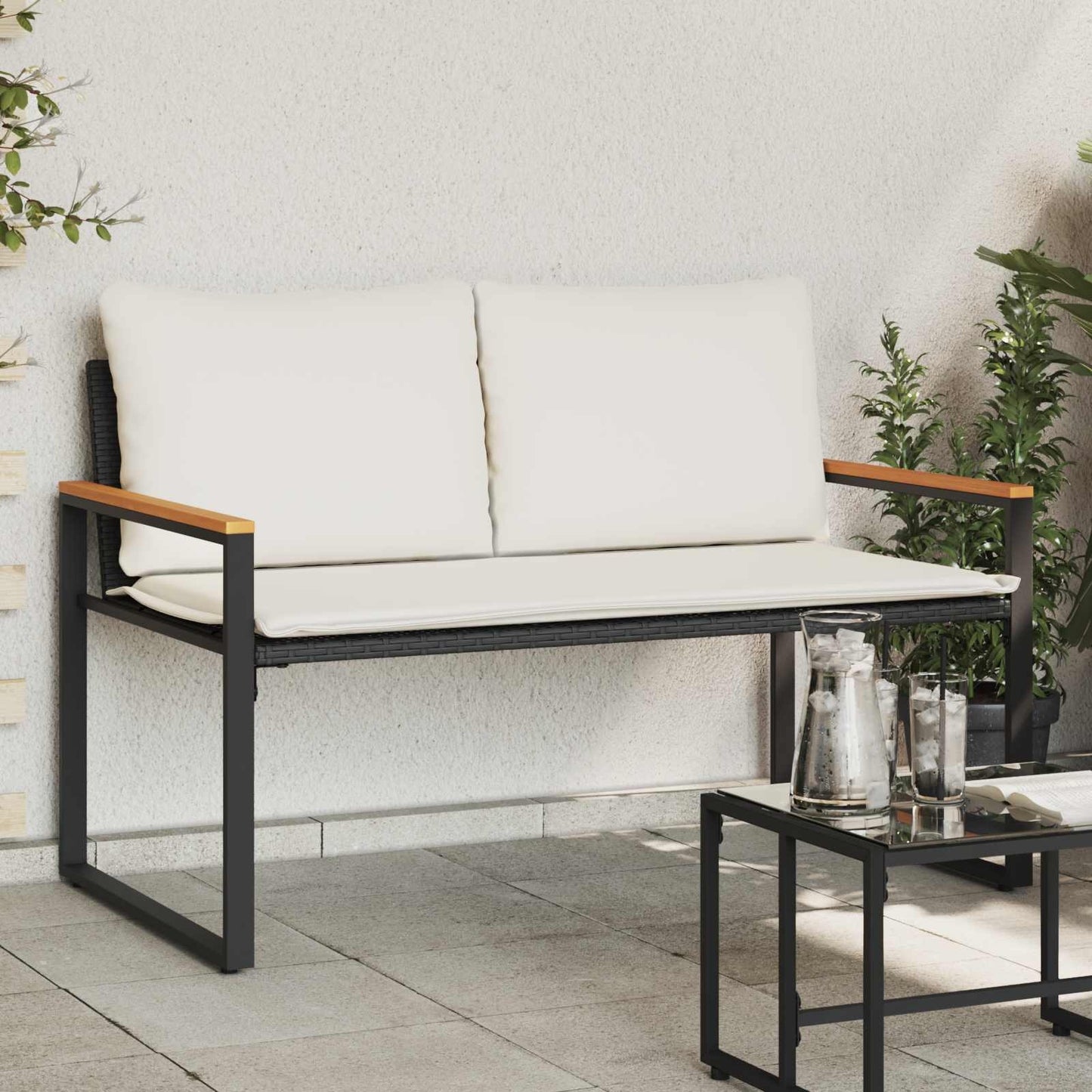 panchina Nero e Bianco Crema 115 x 65 x 72 cm Rattan