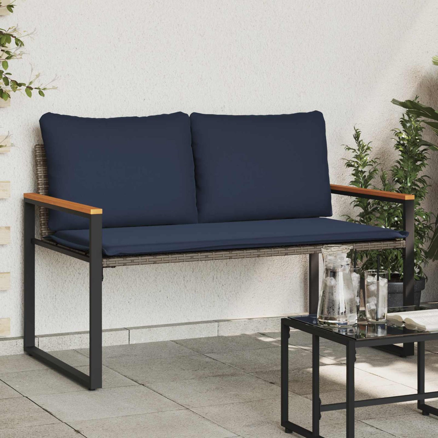 panchina con cuscino Grigio e Blu Navy 115 x 65 x 72 cm Rattan | homemem39