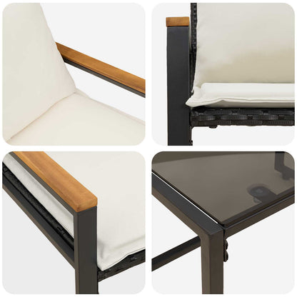 Set di Mobili con cuscino 3 pcs Nero e Bianco Crema Rattan | homemem39