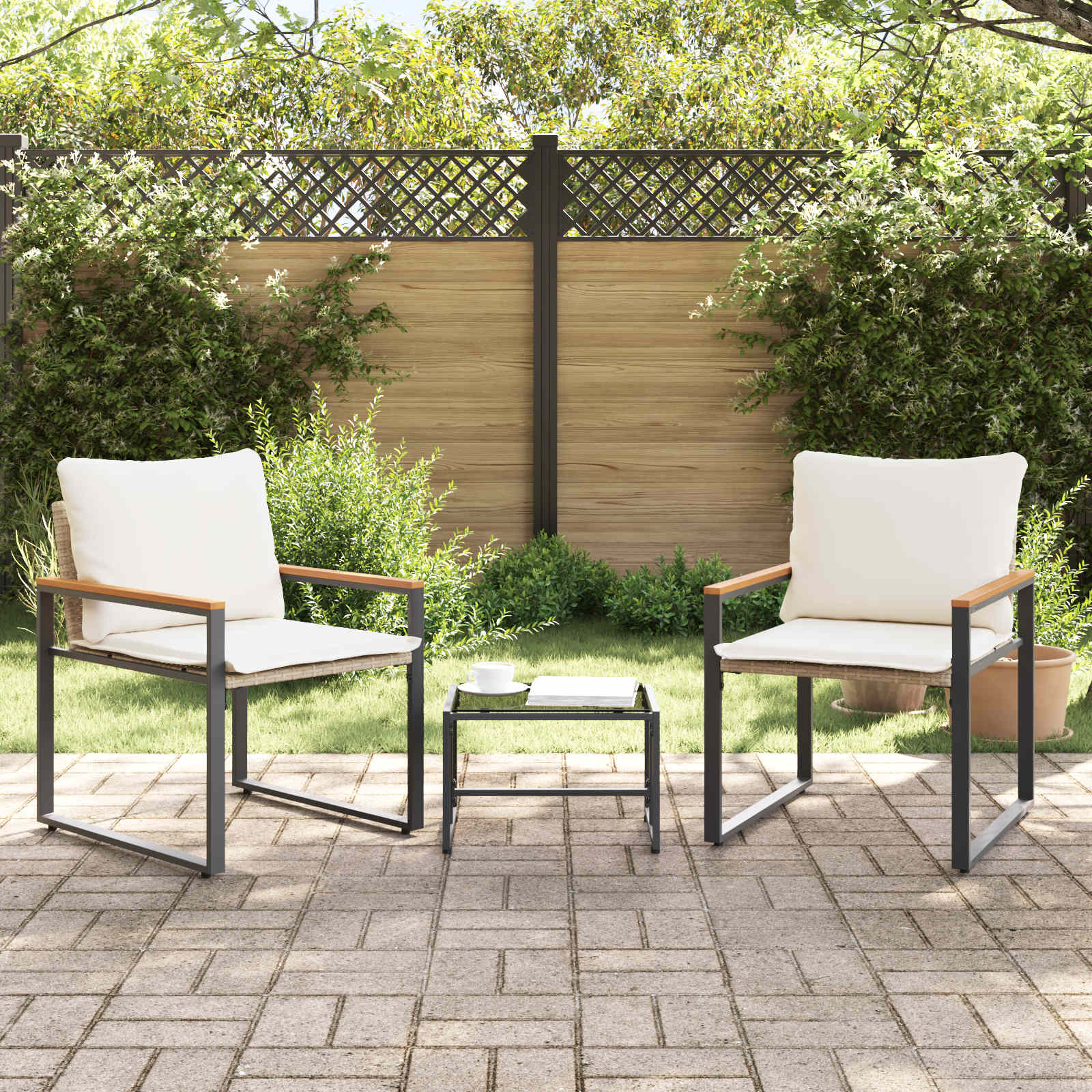 Set di Mobili con cuscino 3 pcs Beige e Bianco Crema Rattan | homemem39