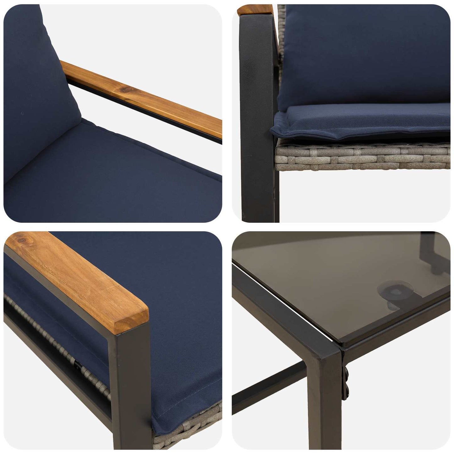 Set di Mobili con cuscino 3 pcs Grigio e Blu Navy Rattan