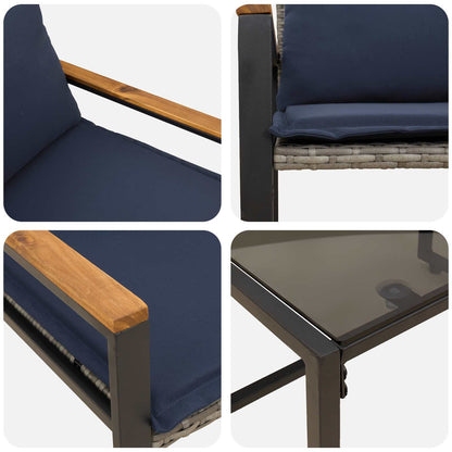 Set di Mobili con cuscino 3 pcs Grigio e Blu Navy Rattan