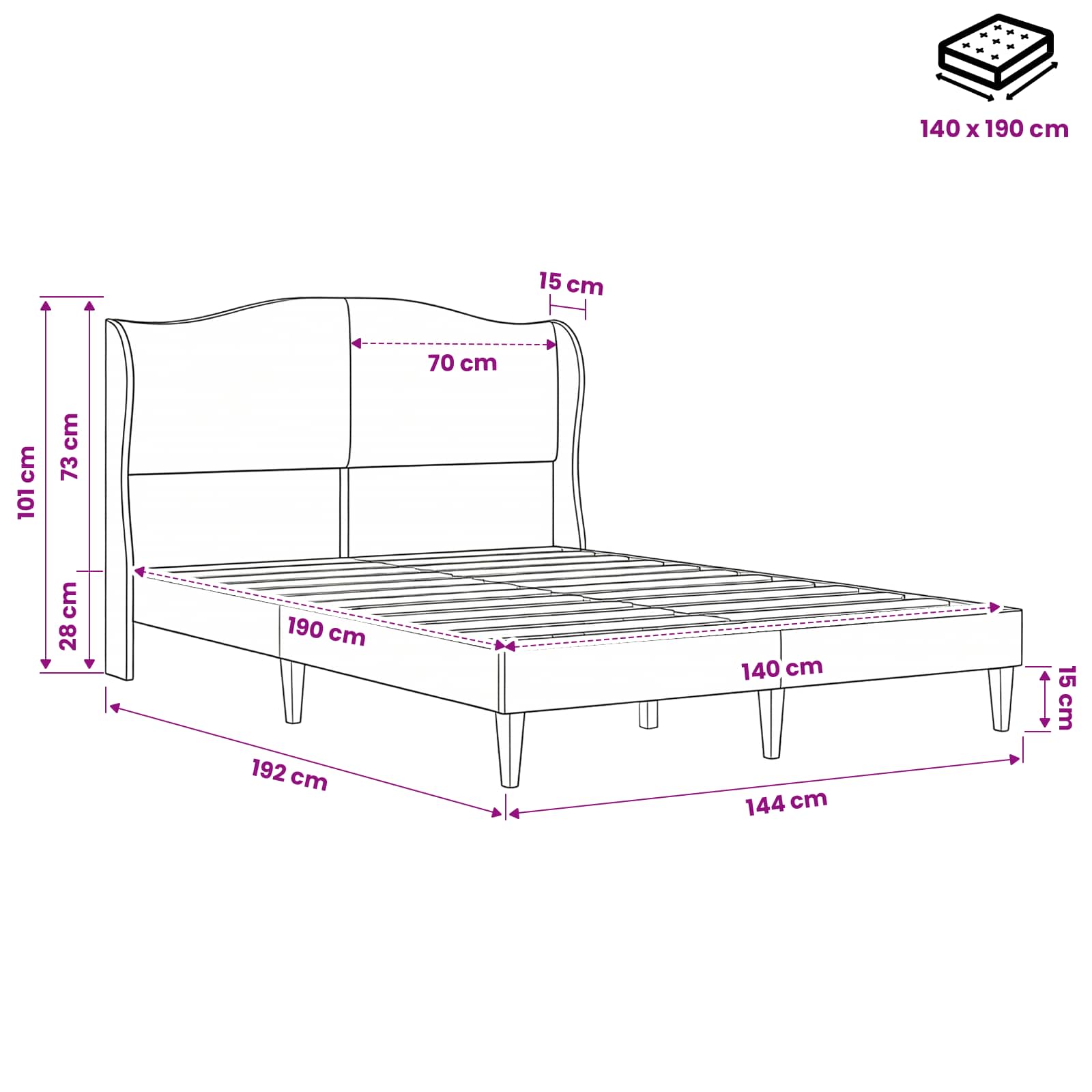 Struttura del letto con testiera Rosa 140 x 190 cm Velluto | homemem39