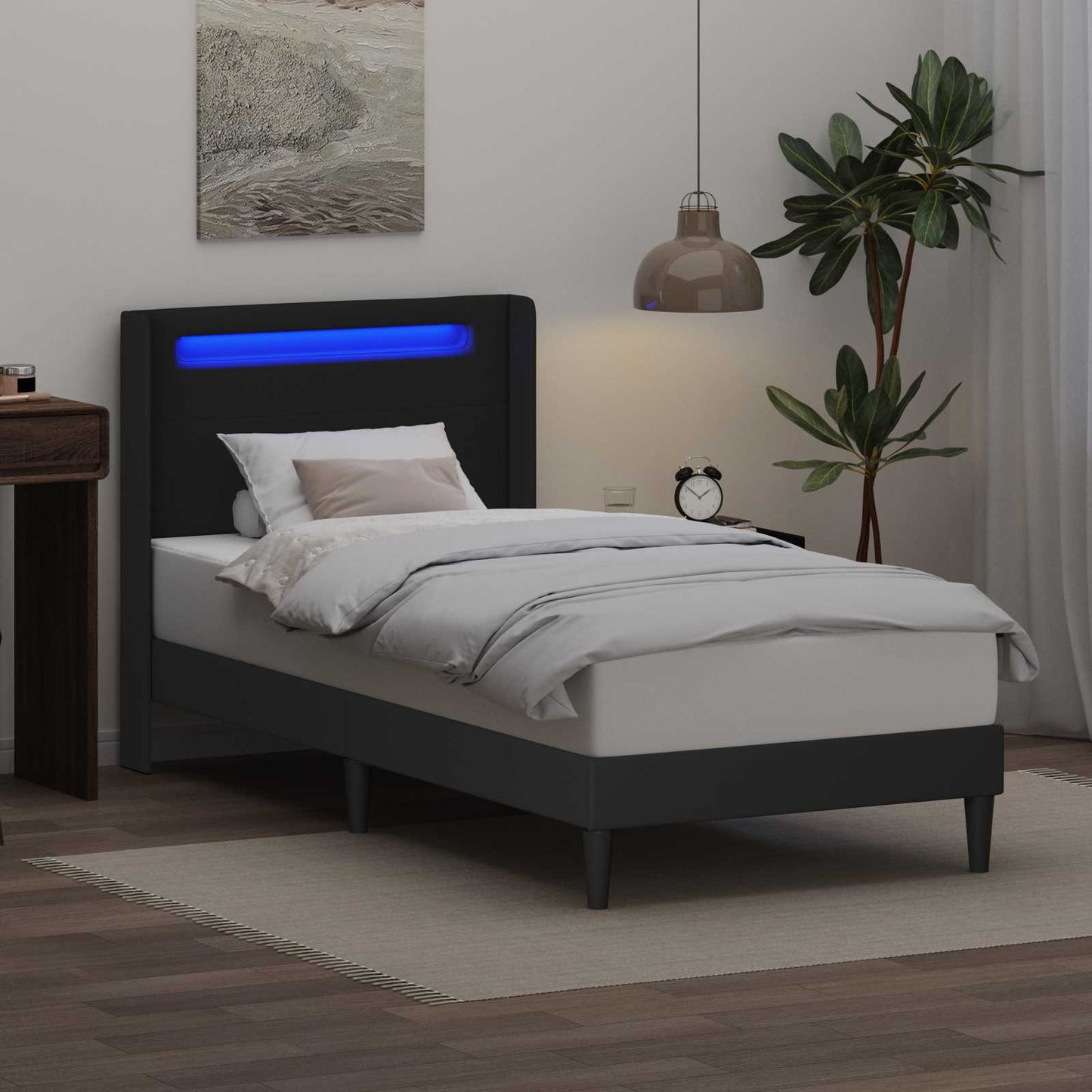 Struttura del letto con strisce LED Nero 90 x 190 cm Similpelle | homemem39