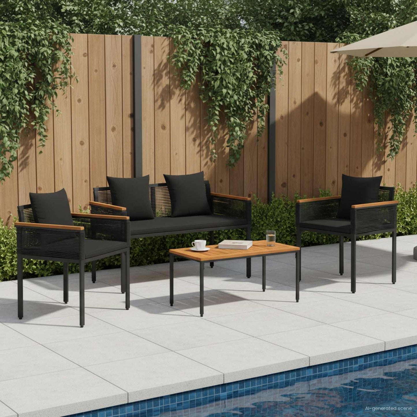 Set di Mobili da Esterno con cuscino 4 pcs Nero polyrattan | homemem39