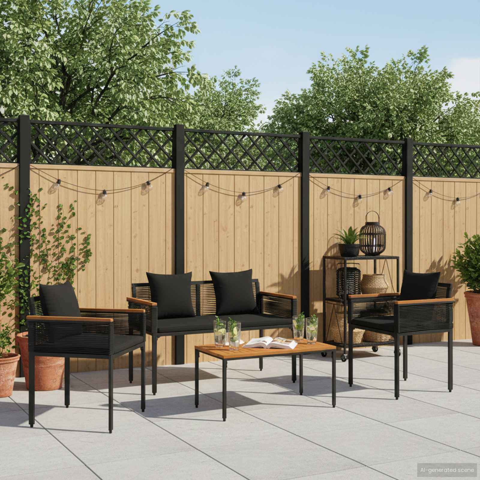 Set di Mobili da Esterno con cuscino 4 pcs Nero polyrattan | homemem39