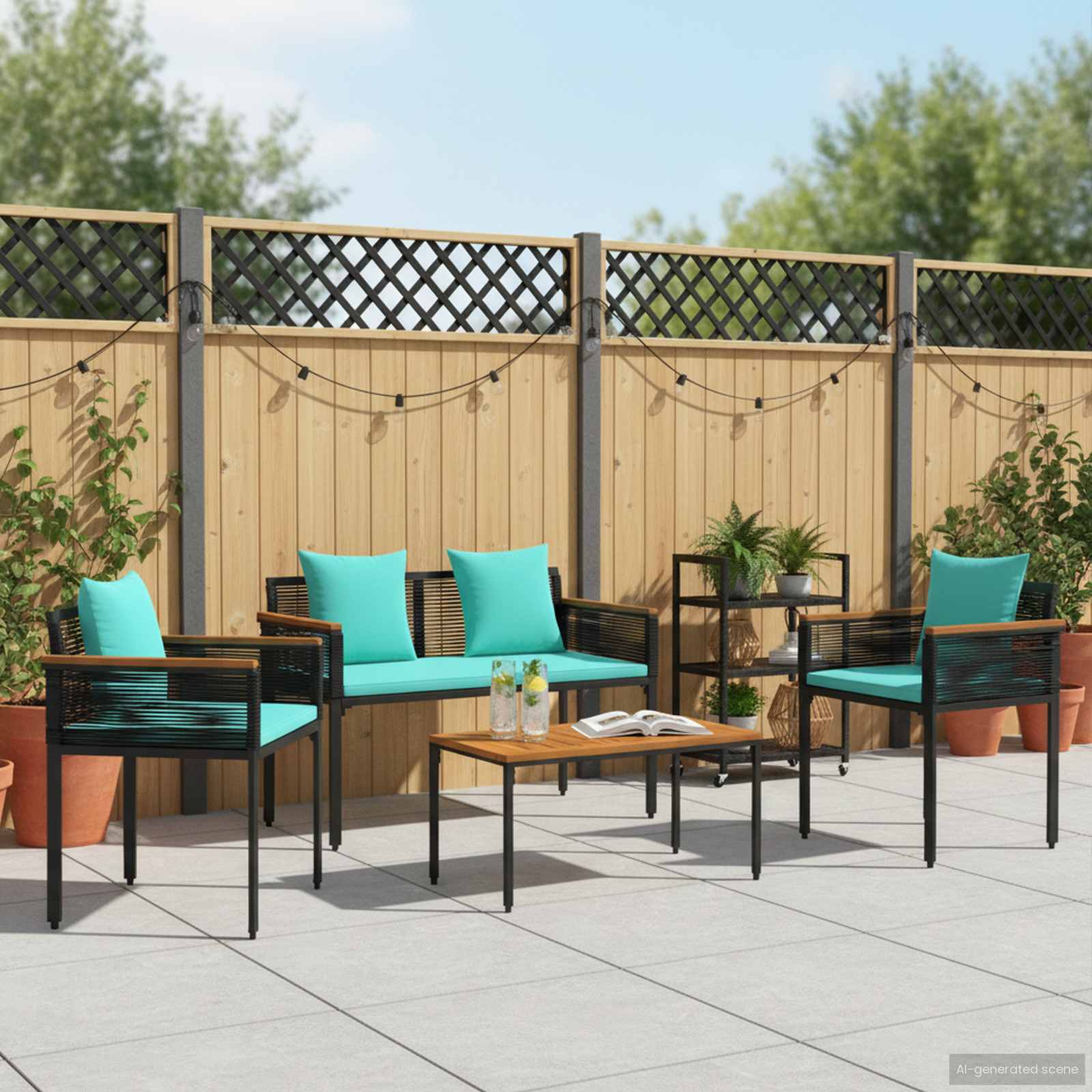 Set di Mobili da Esterno con cuscino Nero e Turchese polyrattan | homemem39