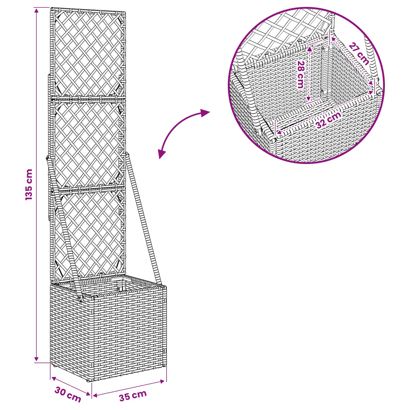 Vaso da Giardino con Trellis Grigio 35 x 30 x 135 cm polyrattan | homemem39