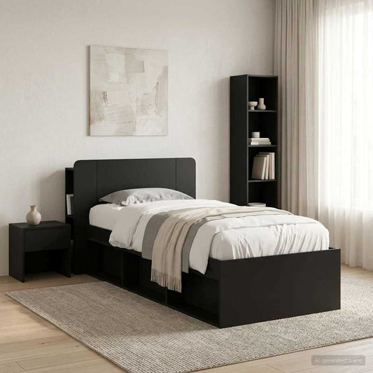 Testata del letto con archiviazione Nero Legno ingegnerizzato