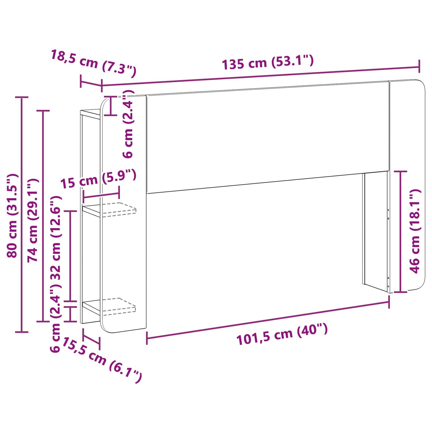 Testata del letto con archiviazione Bianco 135 x 18,5 x 80 cm