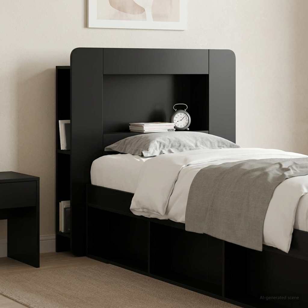 Testata del letto con archiviazione Nero Legno ingegnerizzato