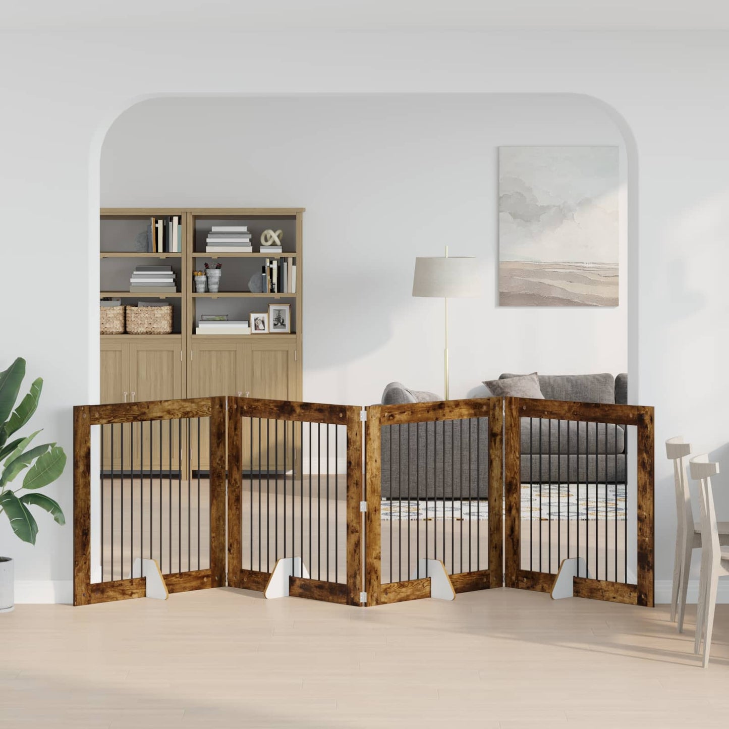 Cancello per cani pieghevole con supporti 4 pcs Rovere Fumo
