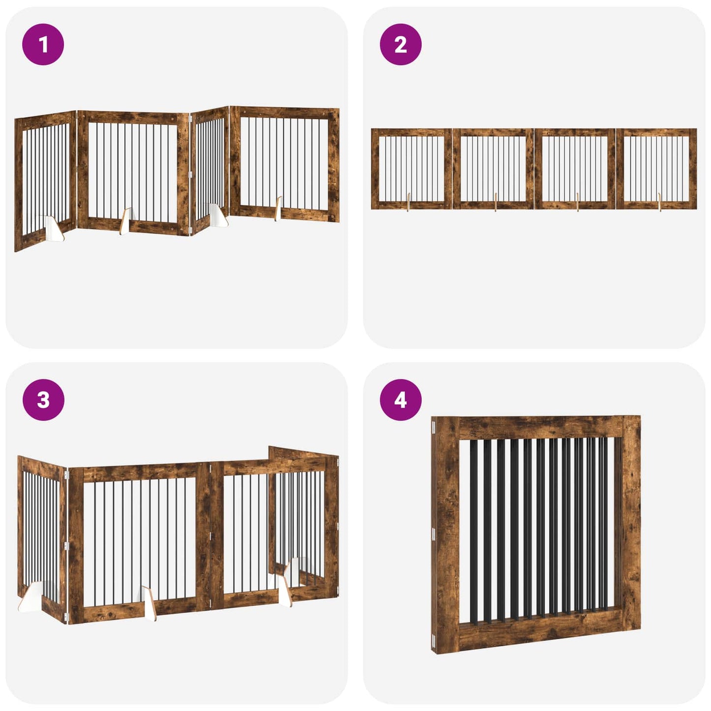 Cancello per cani pieghevole con supporti 4 pcs Rovere Fumo