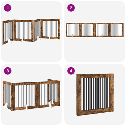 Cancello per cani pieghevole con supporti 4 pcs Rovere Fumo