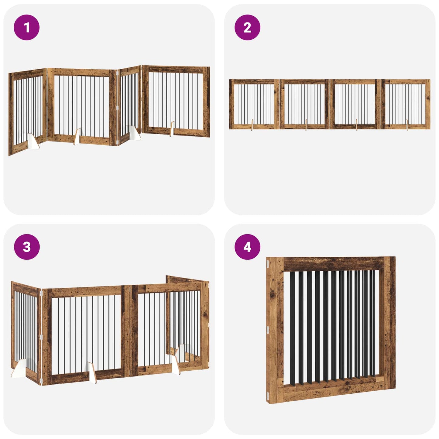 Cancello per cani pieghevole con supporti 4 pcs Legno antico