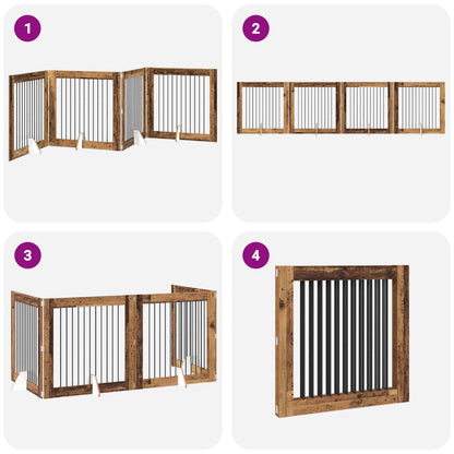 Cancello per cani pieghevole con supporti 4 pcs Legno antico