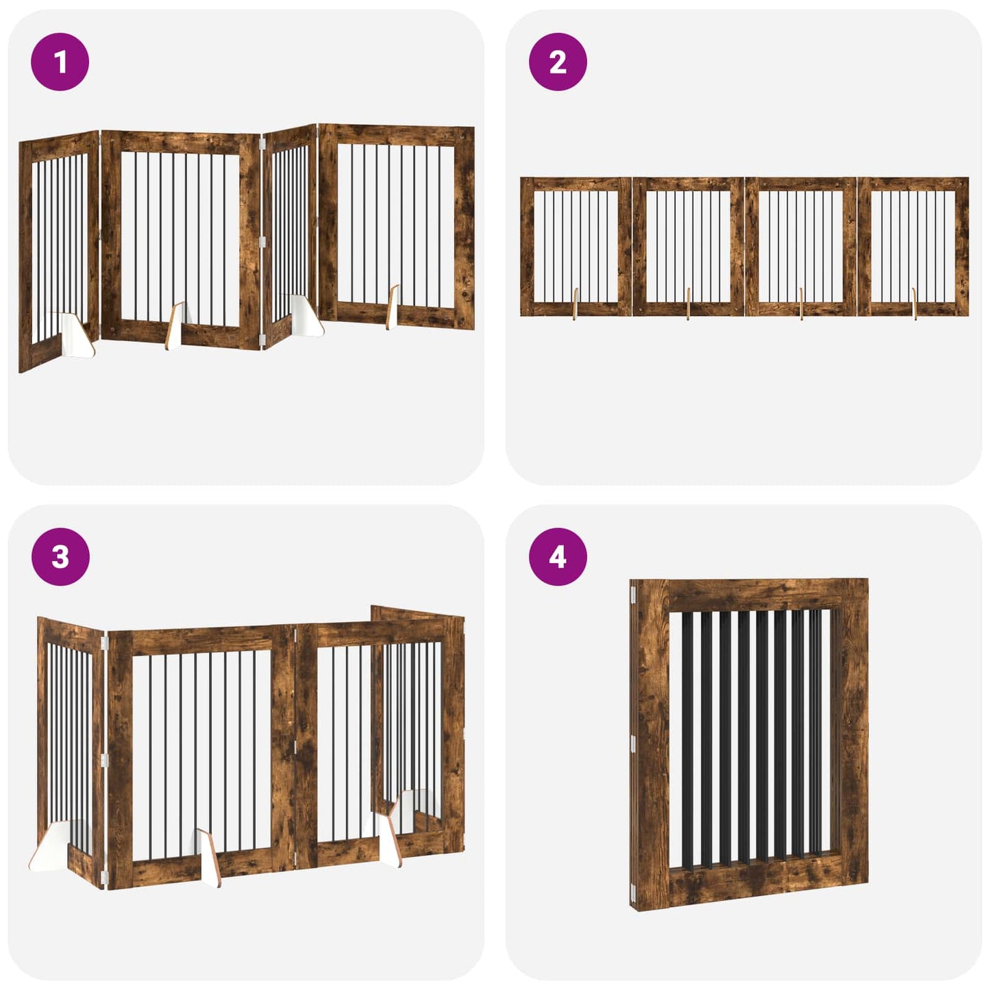 Cancello per cani pieghevole con supporti 4 pcs Rovere Fumo