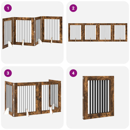 Cancello per cani pieghevole con supporti 4 pcs Rovere Fumo