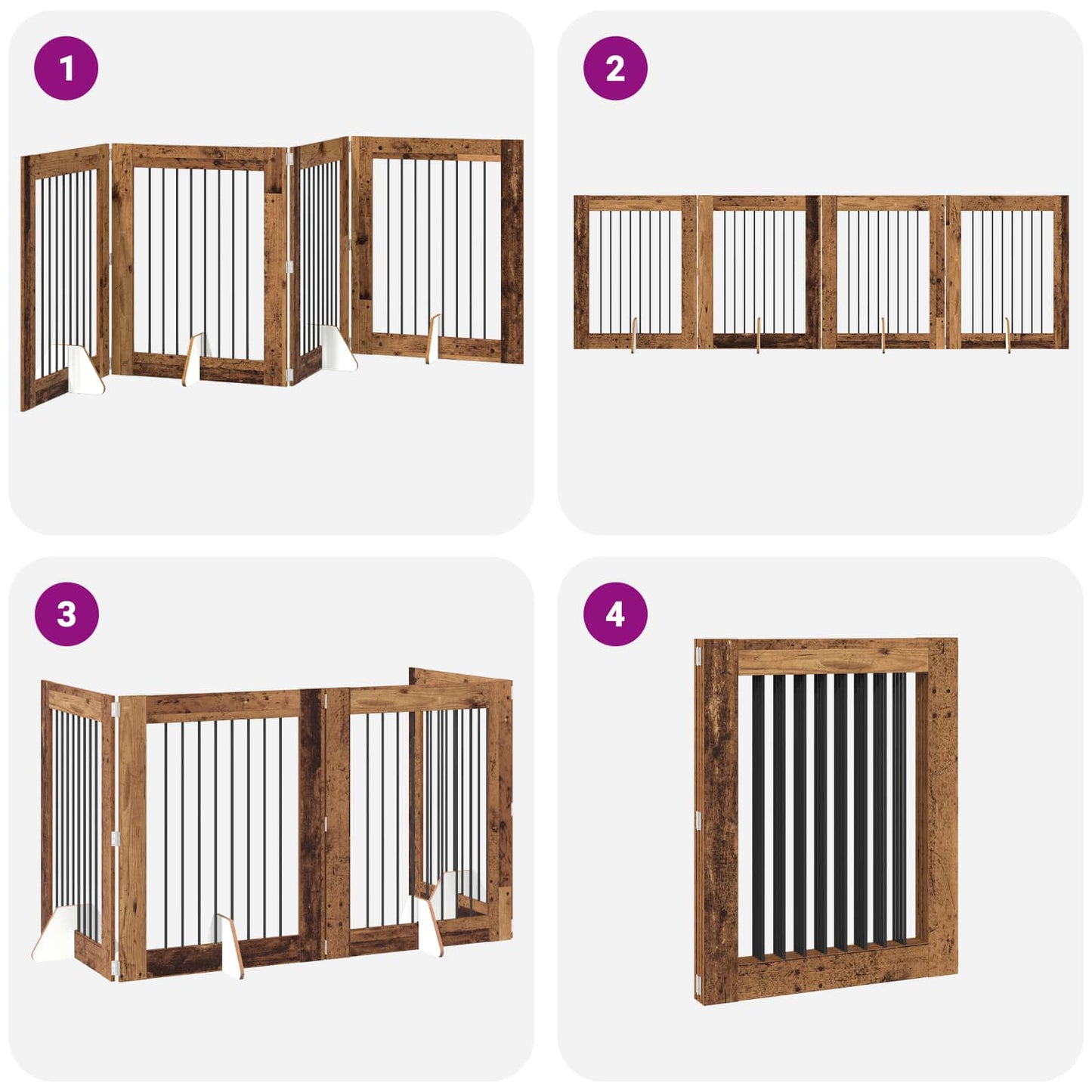 Cancello per cani pieghevole con supporti 4 pcs Legno antico