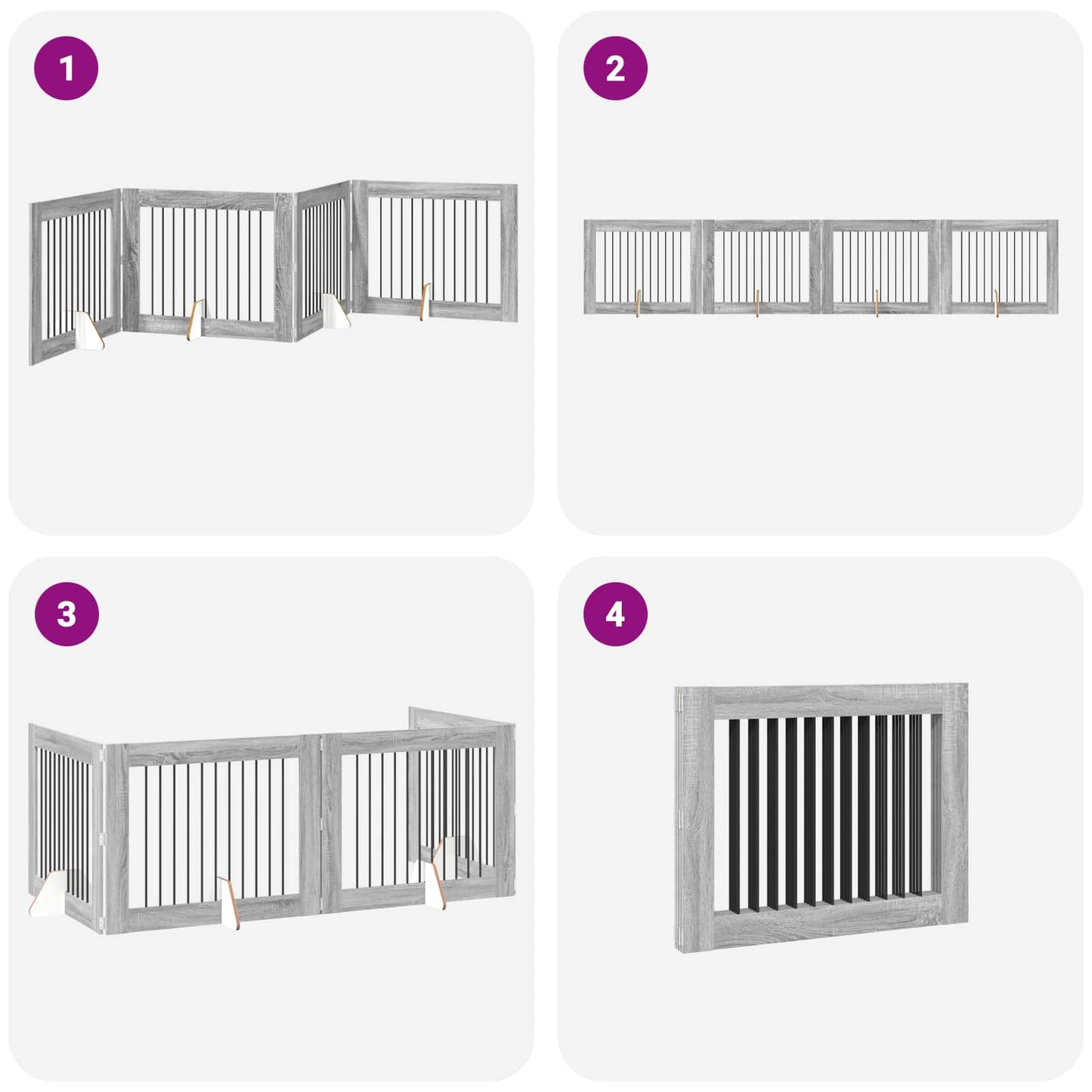 Cancello per cani pieghevole con supporti 4 pcs Grigio Sonoma