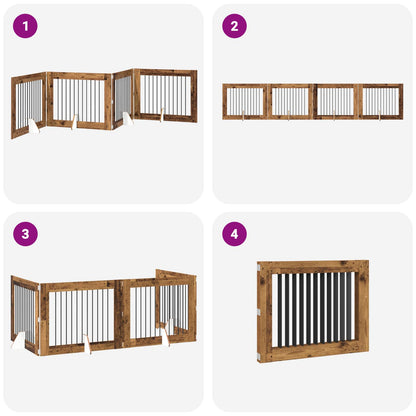 Cancello per cani pieghevole con supporti 4 pcs Legno antico