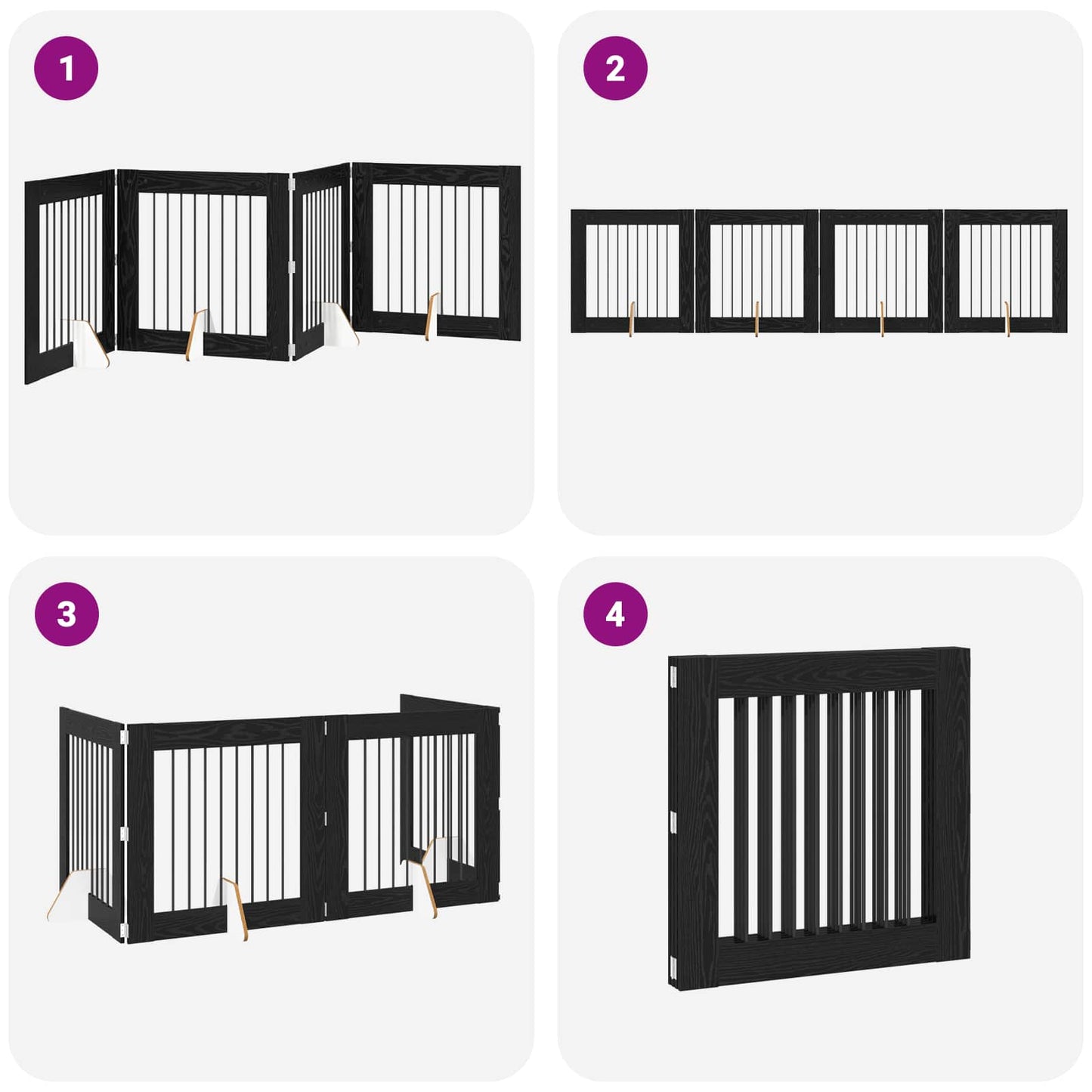 Cancello per cani pieghevole con supporti 4 pcs Rovere Nero