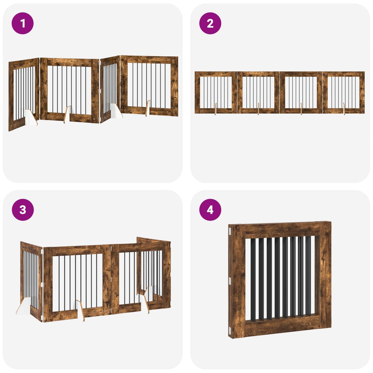 Cancello per cani pieghevole con supporti 4 pcs Rovere Fumo