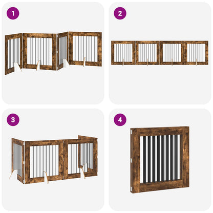 Cancello per cani pieghevole con supporti 4 pcs Rovere Fumo