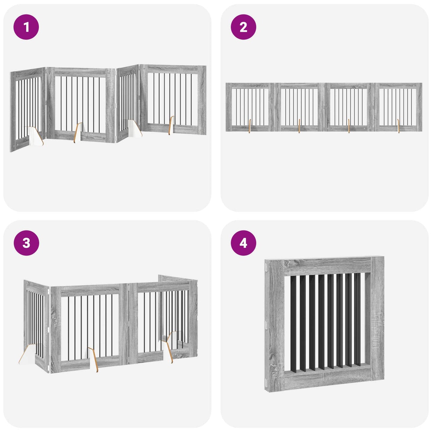 Cancello per cani pieghevole con supporti 4 pcs Grigio Sonoma