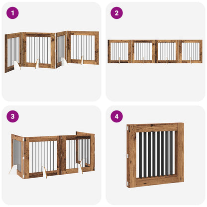 Cancello per cani pieghevole con supporti 4 pcs Legno antico