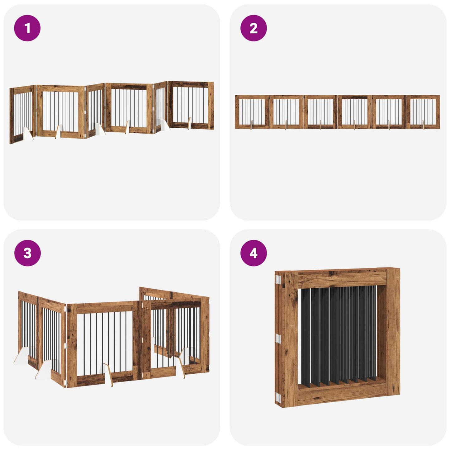 Cancello per cani pieghevole con supporti 6 pcs Legno antico