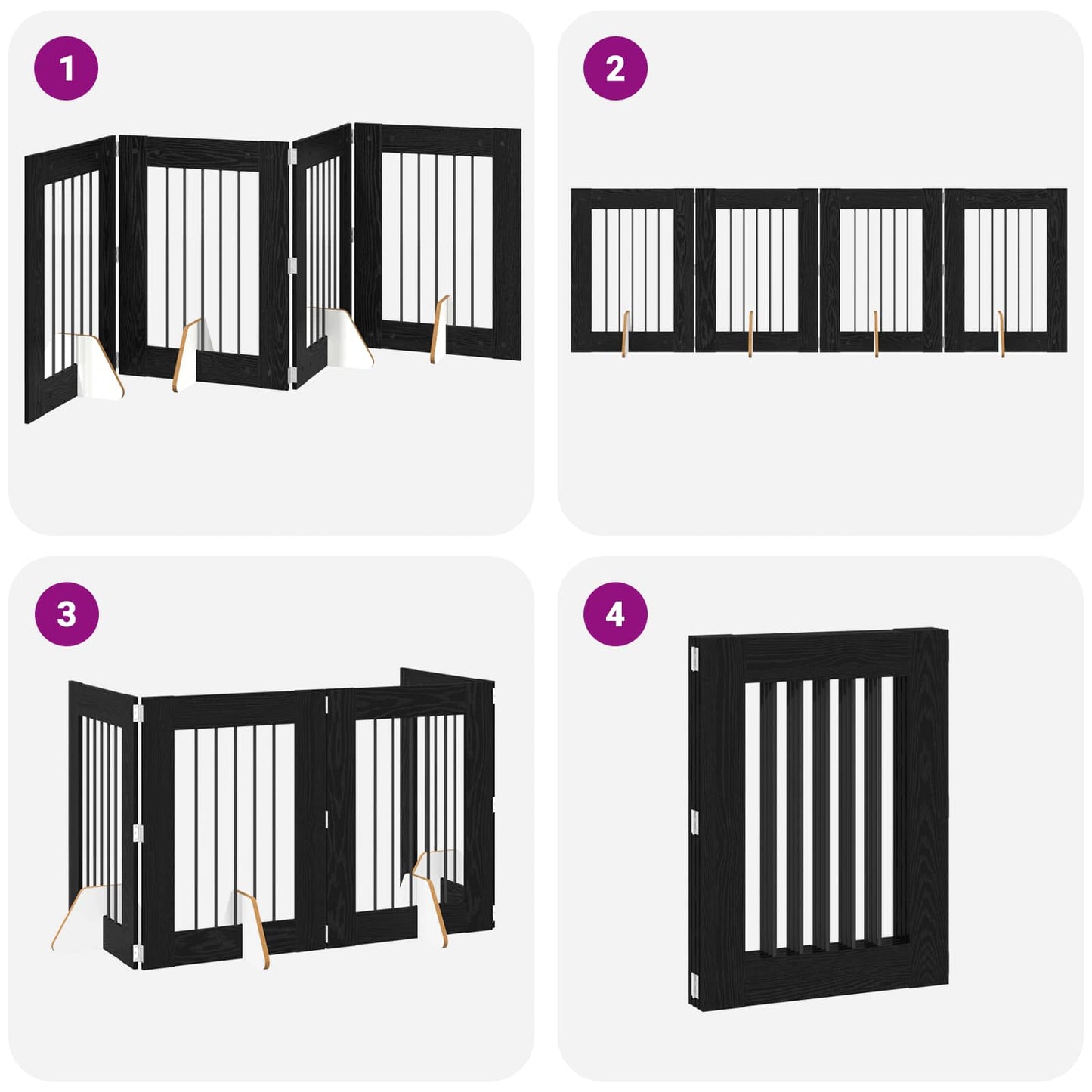 Cancello per cani pieghevole con supporti 4 pcs Rovere Nero