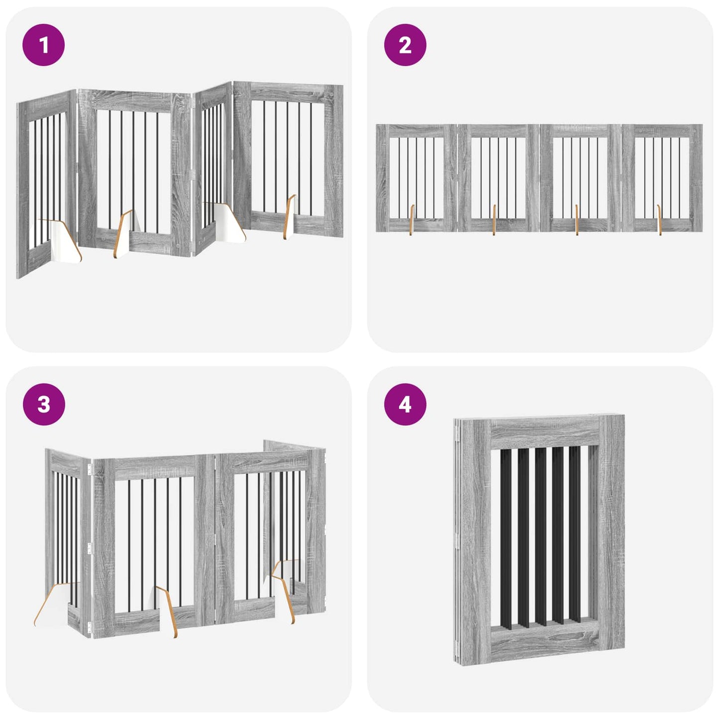 Cancello per cani pieghevole con supporti 4 pcs Grigio Sonoma