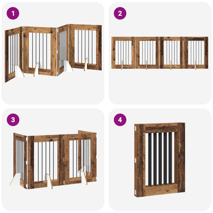 Cancello per cani pieghevole con supporti 4 pcs Legno antico