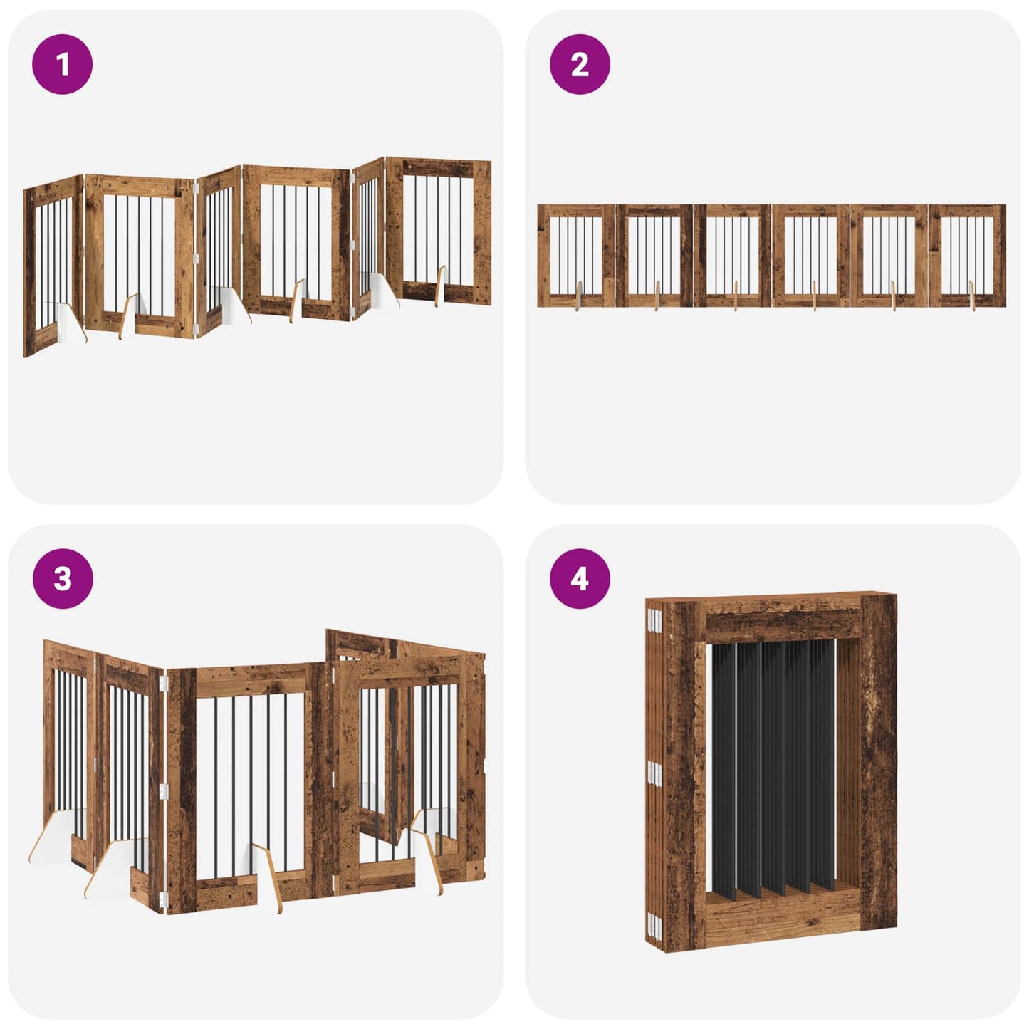 Cancello per cani pieghevole con supporti 6 pcs Legno antico