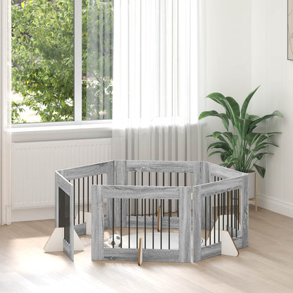 Cancello per cani con supporti 6 pcs Grigio Sonoma 80 x 60 cm | homemem39