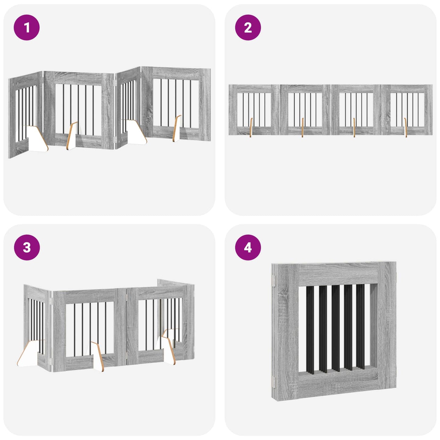 Cancello per cani pieghevole con supporti 4 pcs Grigio Sonoma