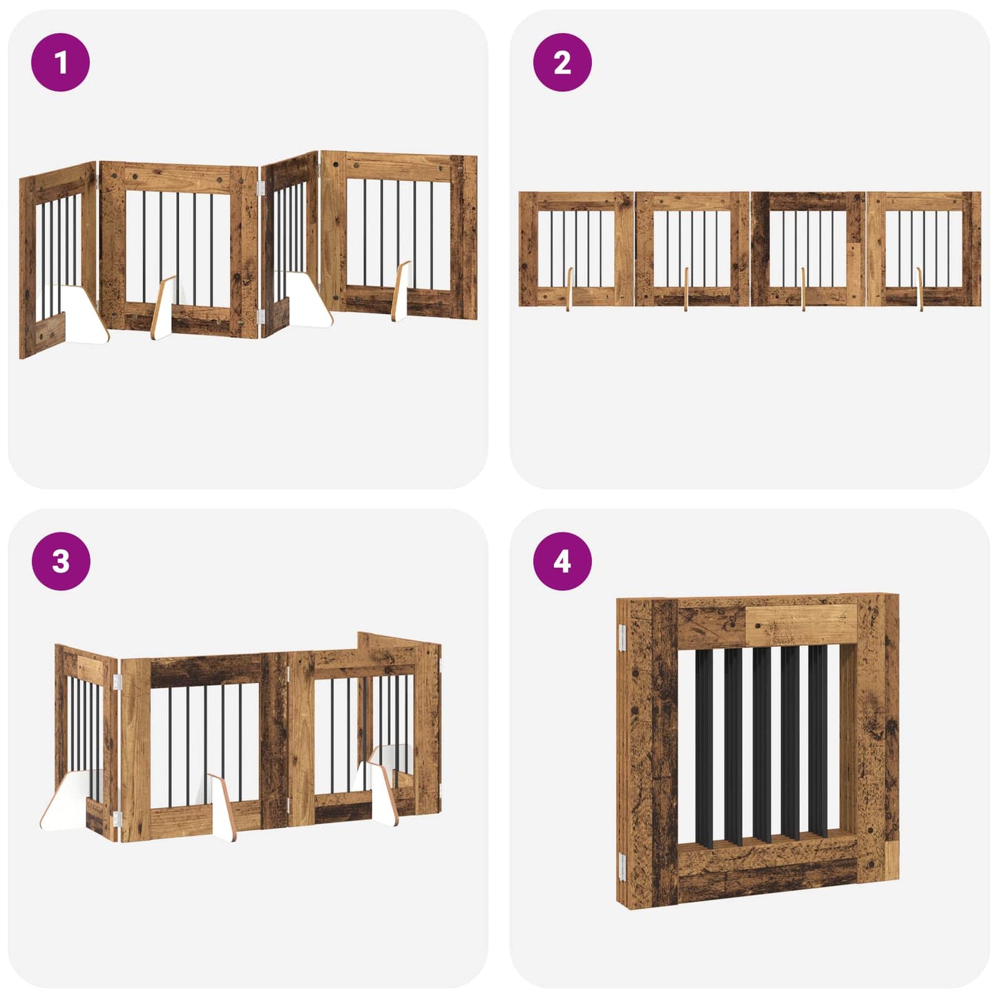 Cancello per cani pieghevole con supporti 4 pcs Legno antico